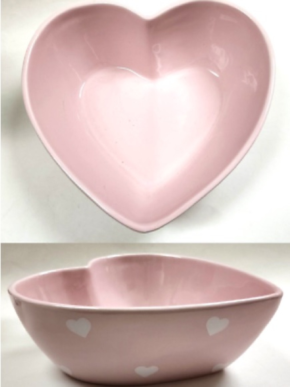 Pink Heart-Shaped Ceramic Bowl with White Heart Details